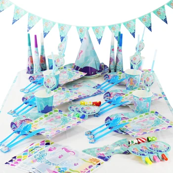 

16pcs/set Paper Mermaid Disposable Tableware Set Napkin Cups Plates Blowout Cap Banner Decor Baby Shower Birthday Party Supply