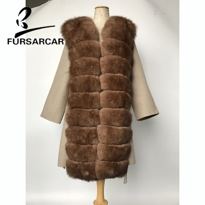 Новое Стильное женское пальто из натурального меха с толстым длинным воротником из лисьего меха, зимняя теплая шерстяная Меховая куртка, пальто высшего качества