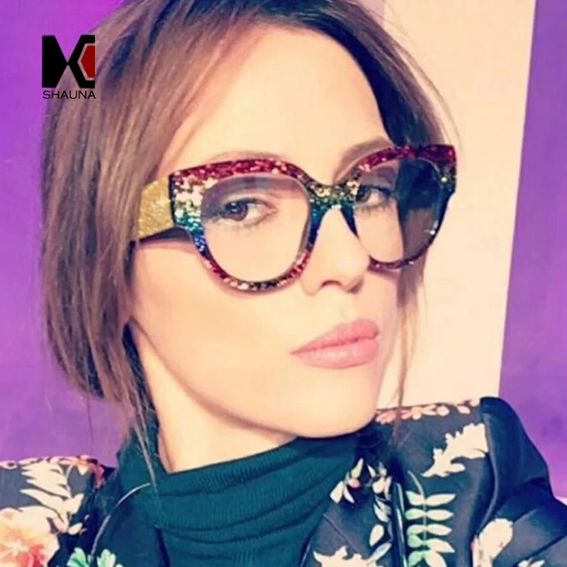 

SHAUNA 2018 Trending Mixed Colors Frame Women Cat Eye Eyeglasses Frame Oversize Glittery Optical Glasses