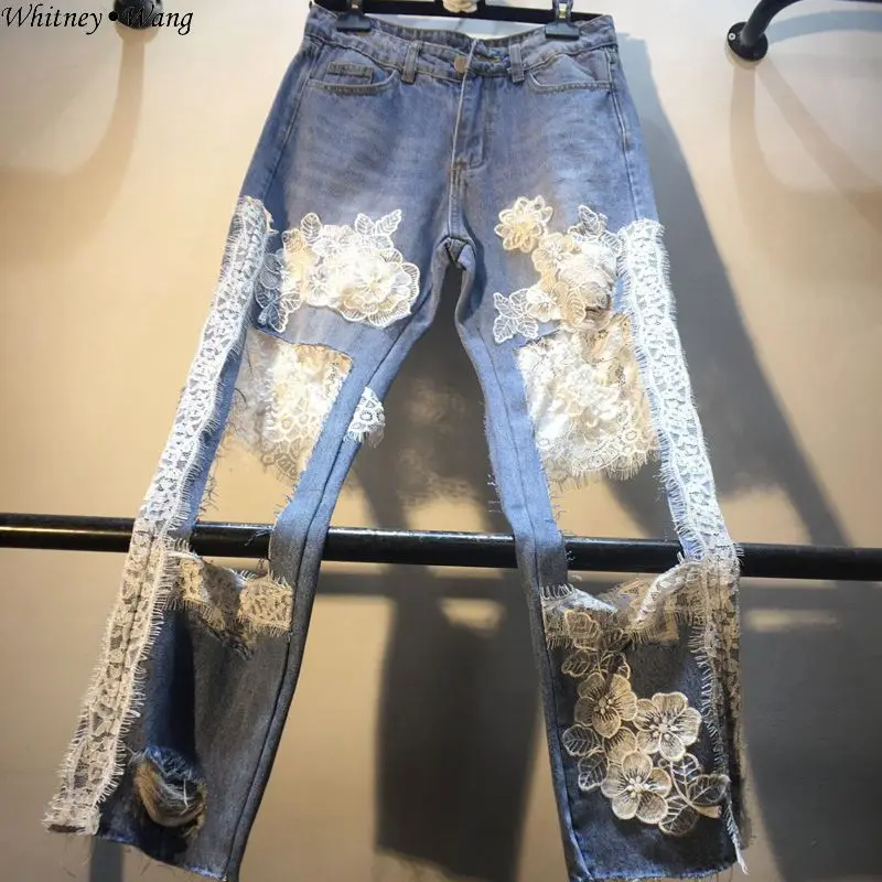 

WHITNEY WANG 2019 Summer Fashion Streetwear Lace Florals Patchwork Holes Jeans Women Stylish Denim Pants