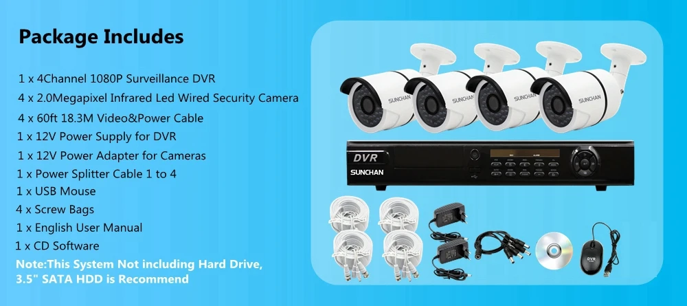 4CH 1080P DVR AHD 2MP Outdoor Bullet Camera Security System