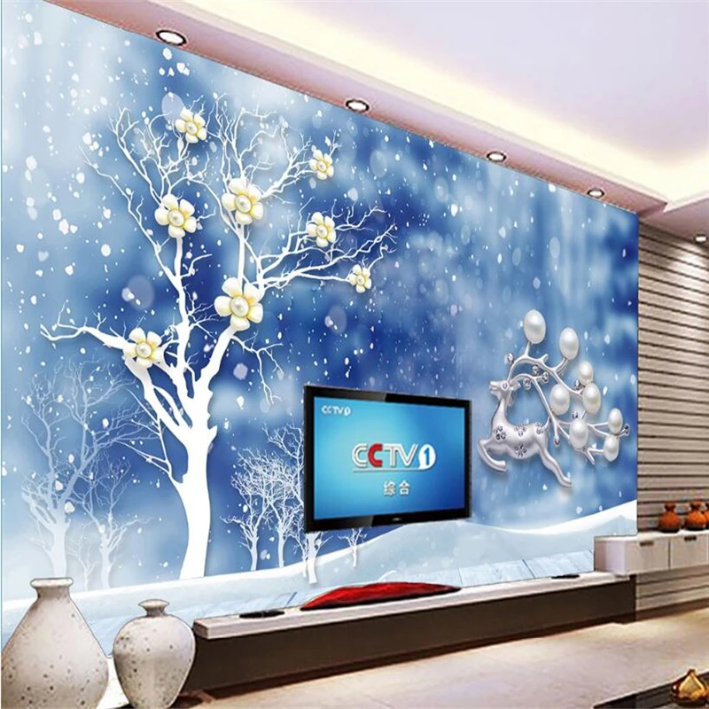 

Beibehang 3D wallpaper Mediterranean style plum tree pearl elk background wall living room bedroom TV background mural photo