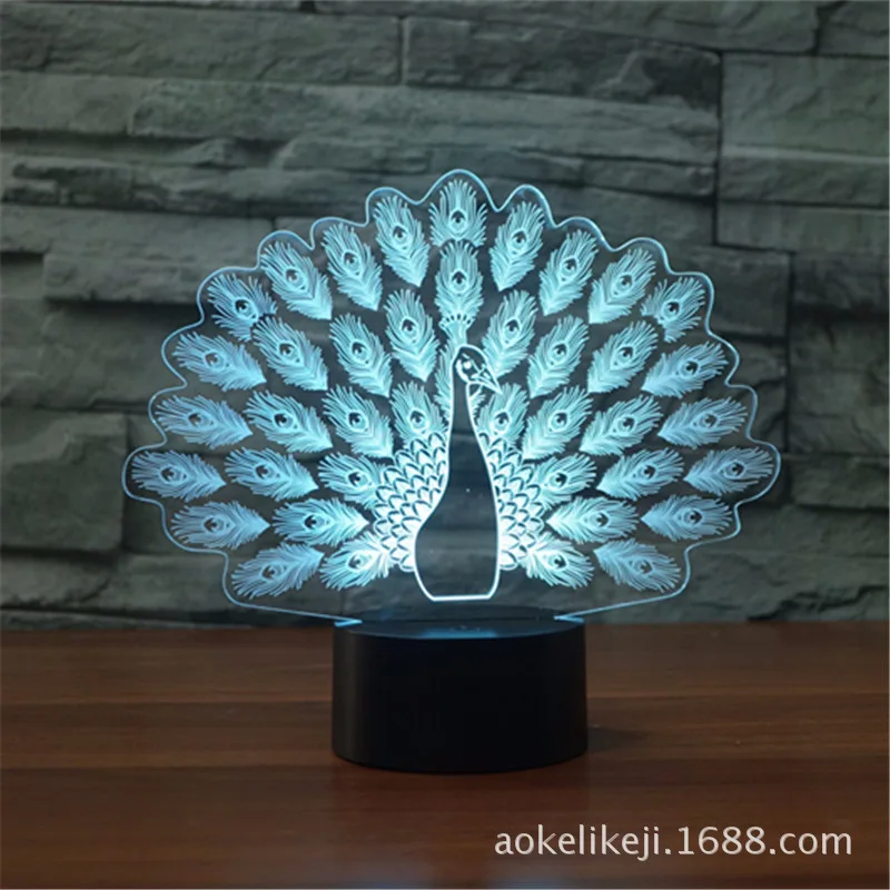 Павлин 3D свет семь цветов USB touch светодиодный визуальный подарок украшения атмосфера лампа ночник