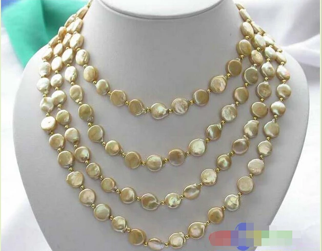

50" 12MM GOLDEN COIN FRESHWATER CULTURED PEARL NECKLACE p1754 Noble style Natural Fine jewe fast SHIPPING