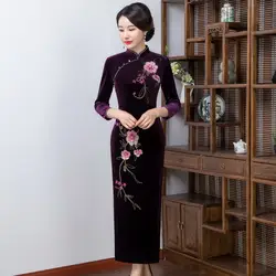 Большой размеры 4XL Винтаж для женщин бархатные Длинные Cheongsam Высокое качество Новинка зимы Qipao Китайский стиль леди сценическое платье Vestidos