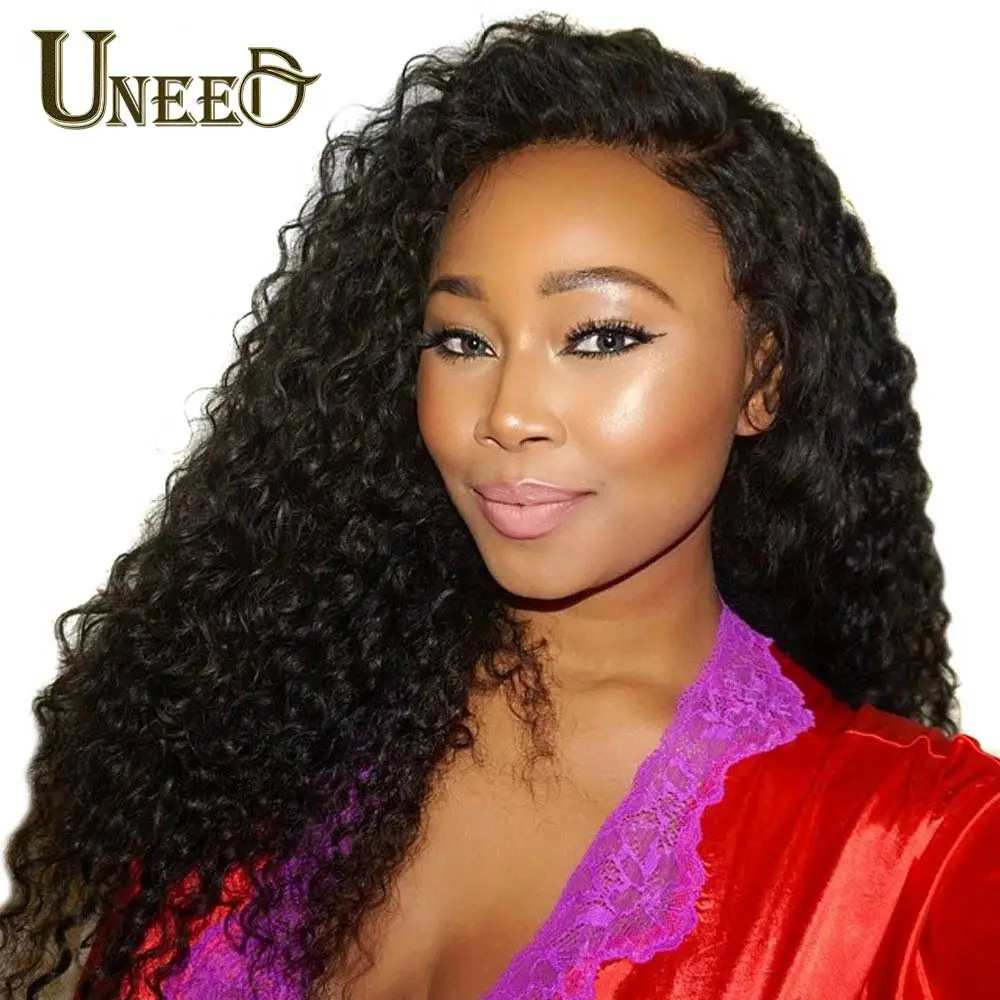 Uneed Brazilian Kinky Curly Hair Bundles With Lace Frontal Closure Brazilian Remy Human Hair Weave 3 or 4 Bundles With Frontal