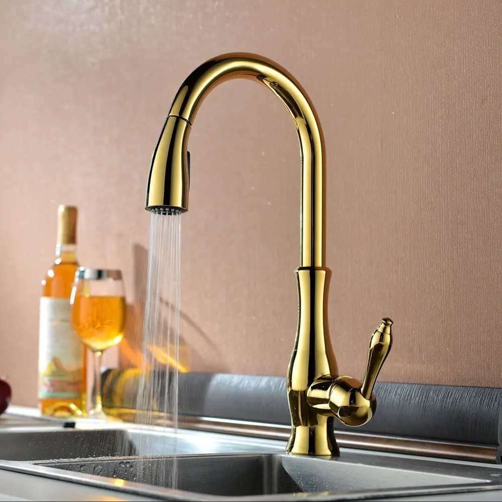Luxury High Quality Gold Pull Out Sprayer Kitchen Bar Sink Faucet Hand