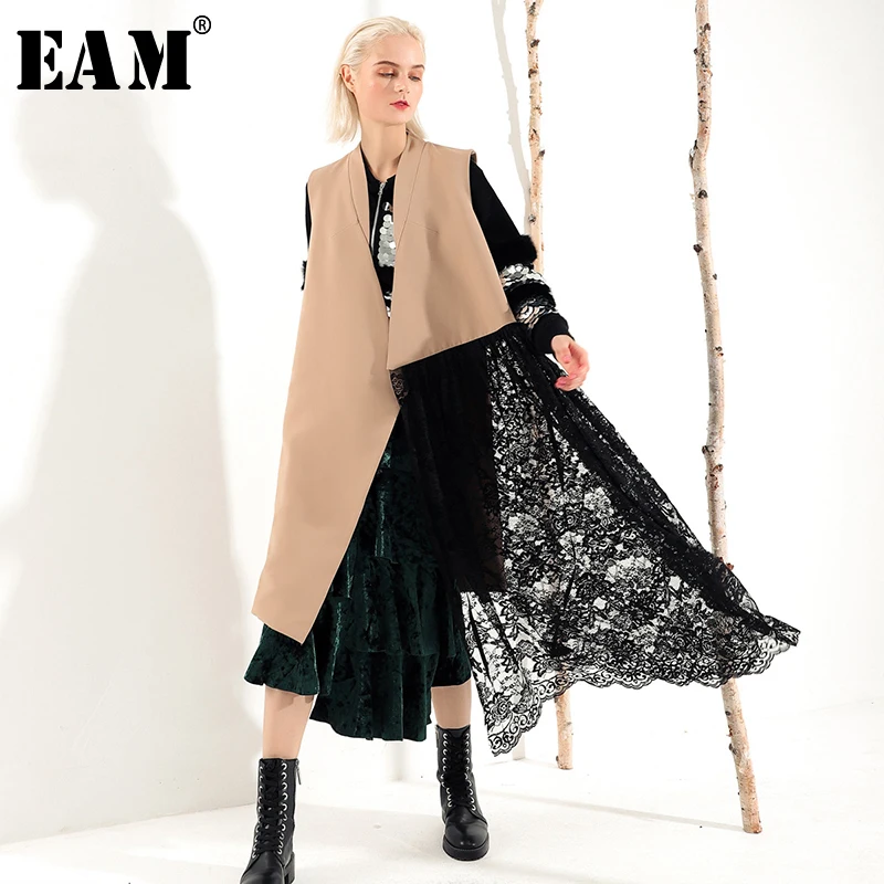 

[EAM] 2019 New Spring V-collar Sleeveless Khaki Hem Lace Irregular Split Joint Long Vest Women Fashion Tide JK596