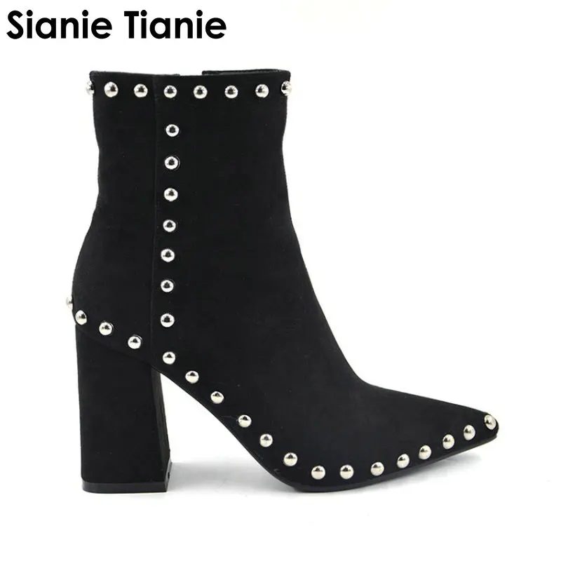 

Sianie Tianie pointed toe block high heels boots for woman fashion punk studded rivets side zip women ankle boots plus size 43