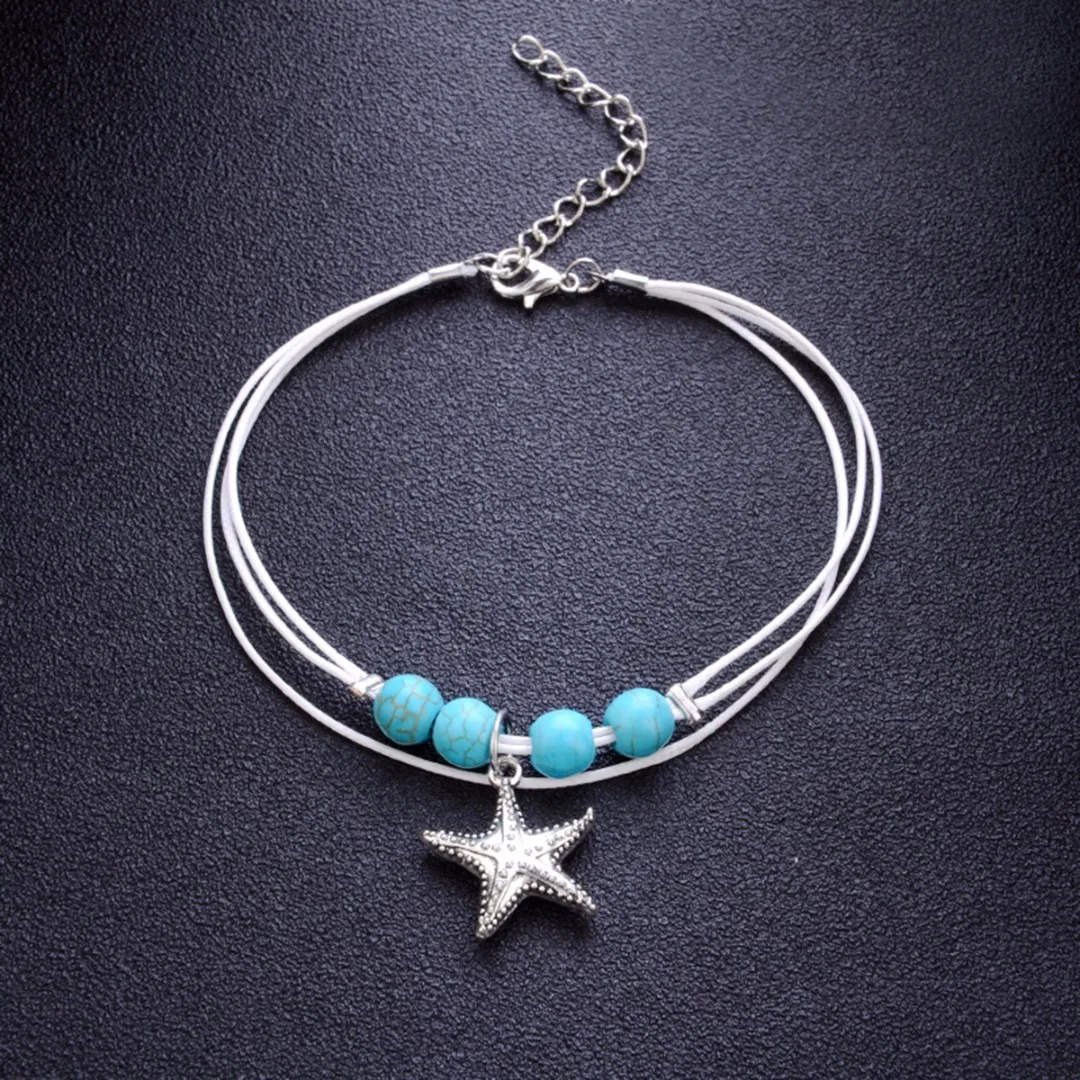 Shellhard Leather Ankle Bracelet Shellhard Starfish Beads Anklet Boho Women Beach Barefoot Fashion Jewelry Bijoux Femme