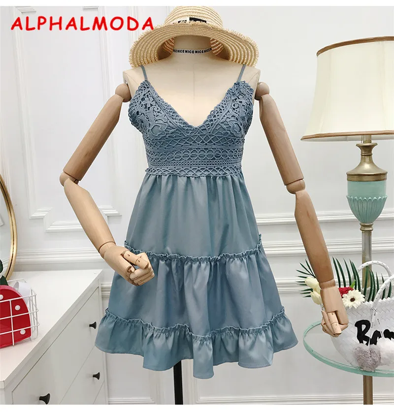 ALPHALMODA V-воротник с открытой спиной с высокой талией Boho праздничное короткое платье с низким вырезом с бантом ремень эластичный пояс женские сексуальные пляжные платья