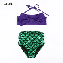 Милый купальный костюм русалки для девочек комплект из двух предметов, топ с бюстгальтером, блестящие шорты для плавания, летняя одежда для плавания для детей, детская одежда для плавания
