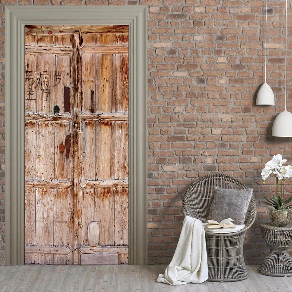 3D Китайский стиль деревянный стикер двери для спальни гостиная подарок искусство ПВХ водонепроницаемая наклейка дверь обертывание 77*200 см