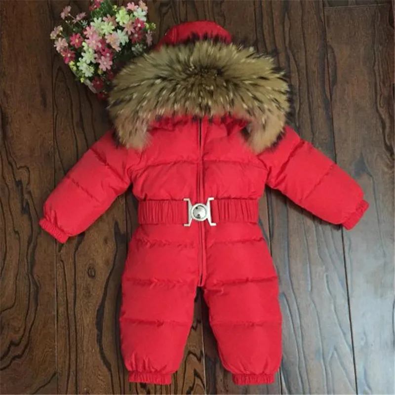 

Russia Winter Baby Down Rompers Children Fox Fur Collar Overalls For Boy Girl 12M-5Y Jumpsuits Bebes Clothes Clj033
