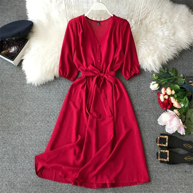 2020 Spring V Neck Summer Bandage Midi Long Dress Vestido De Festa Party tunic dress Women Casual Elegant High Waist Vestidos