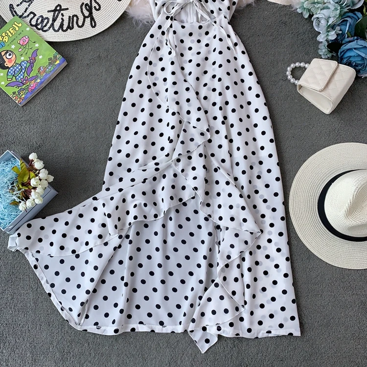 Женское пляжное платье в горошек Boho черное или белое средней длины с