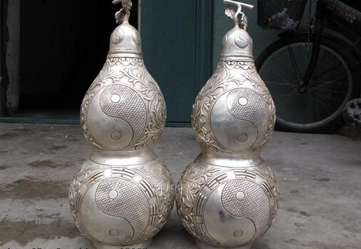 

Collectible bronze lion statue S0442 Taoism White Copper Silver Yin and yang the Eight Diagrams gourd calabash Pair B0403