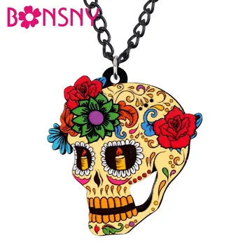 

Bonsny Acrylic Halloween Floral Skull Skeleton Necklace Pendant Fashion Vintage Punk Jewelry For Women Girls Ladies Gift Bijoux