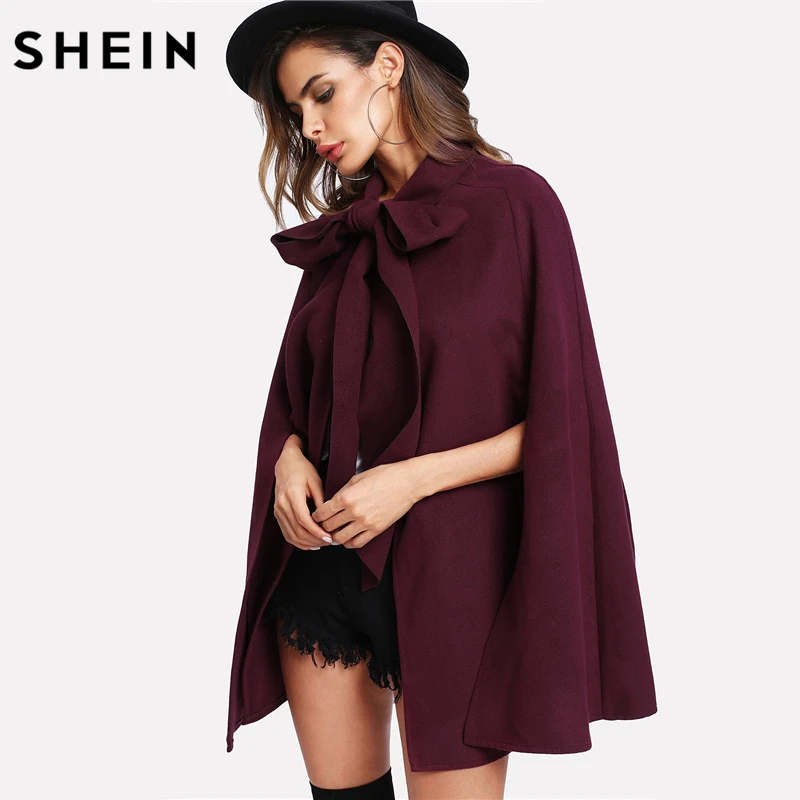 Koop SHEIN Elegante Vrouw Vallen Jas Koreaanse Mode Kleding voor Dames Bourgondië Lange Mouwen Slit Terug Gebonden Front Cape Jas
