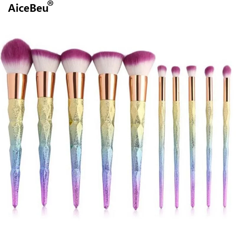 

AiceBeu 10Pcs Diamond Mermaid Kabuki Rainbow Handle Make up Brush Set Face Foundation Powder maquiagem Gift