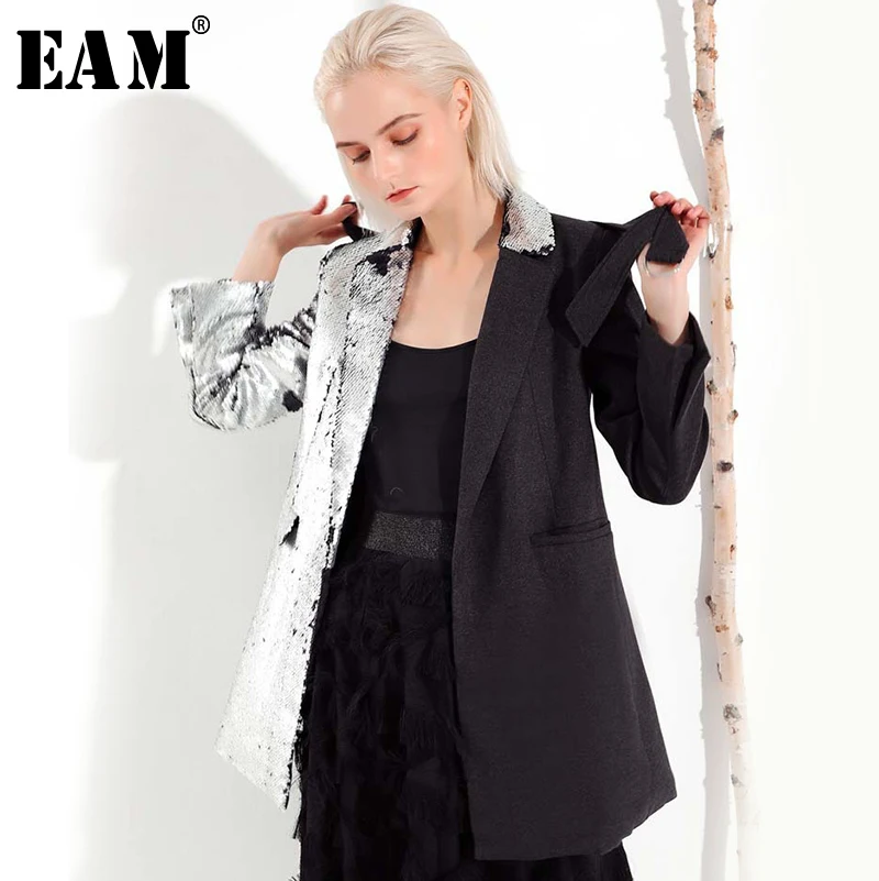 low cost  [EAM] 2020 New Spring Lapel Long Sleeve Personality Black Sequins Split Joint Bandage Loose Coat Wo