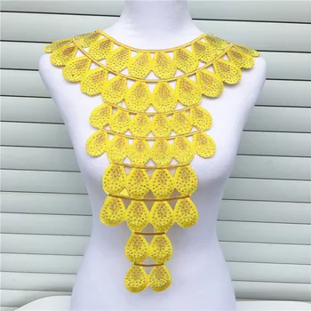

1pc Yellow Luxurious Hot Fix Rhinestones African Lace Neckline Collar Iron On Embroidery Appliques For Cloth Accessories 34x43cm