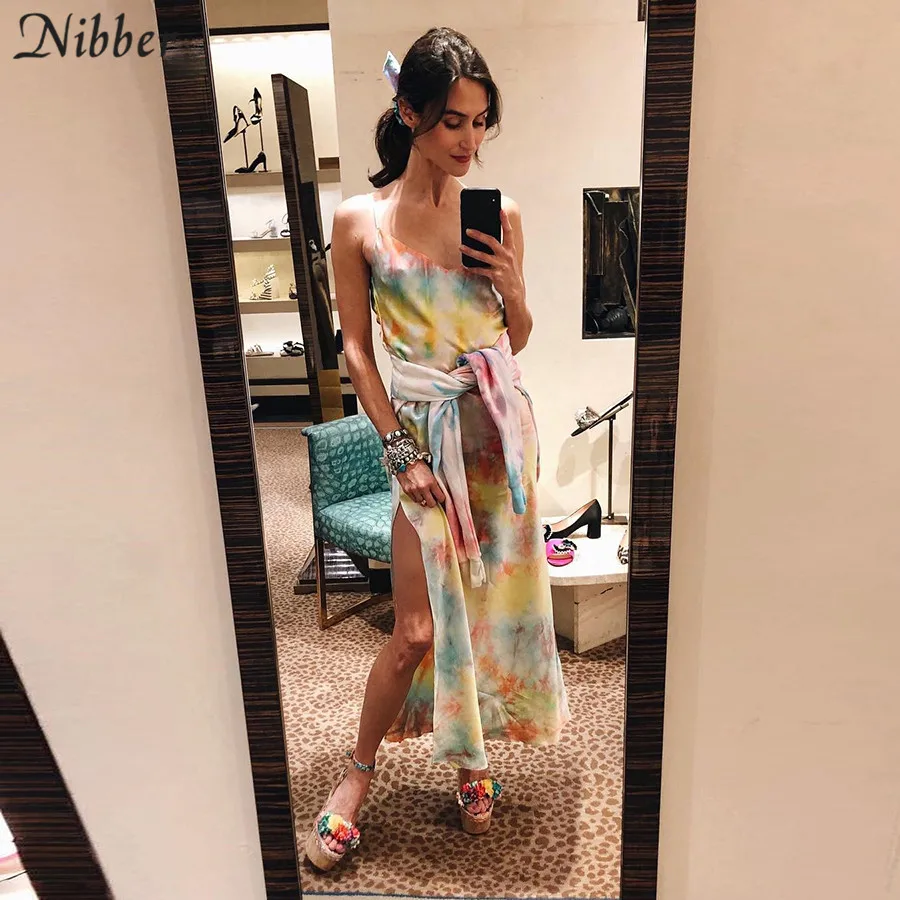 

Nibber summer Colorful print club Elegant Chiffon dresses women party night stretch lace up midi dresses ladies streetwear mujer