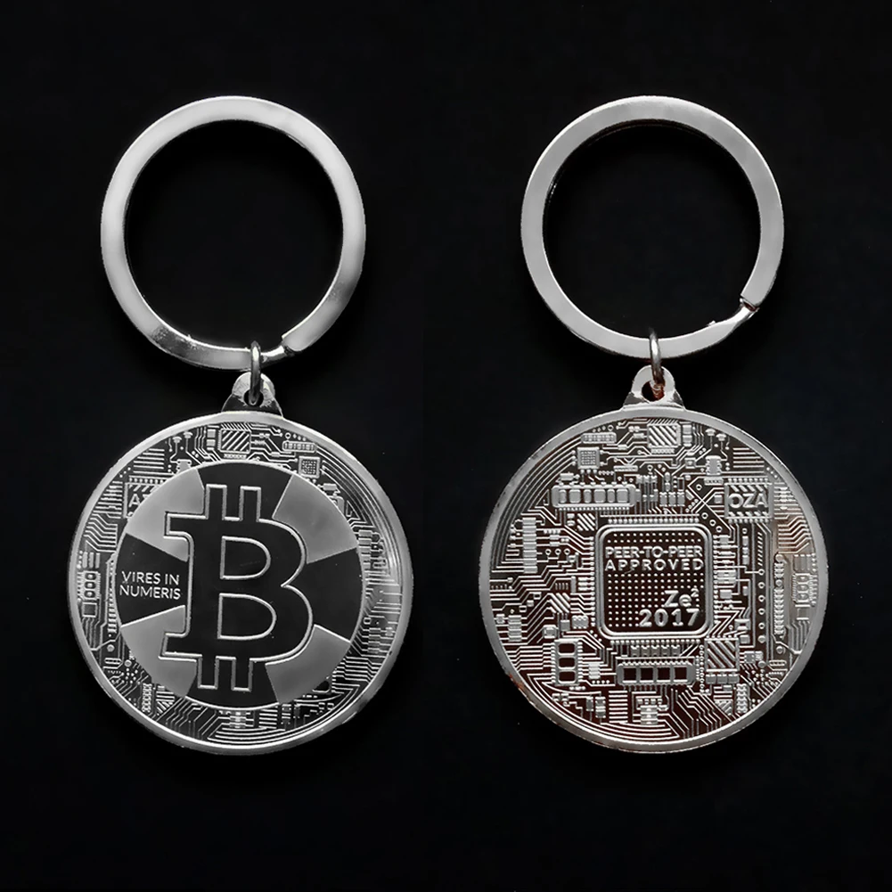 1PC Gold Plated Bitcoin Keychain Gold Silver Commemorative Litecoin Ethereum Coin Keychain BTC Coin Car Bag Keyring Jewelry Gift