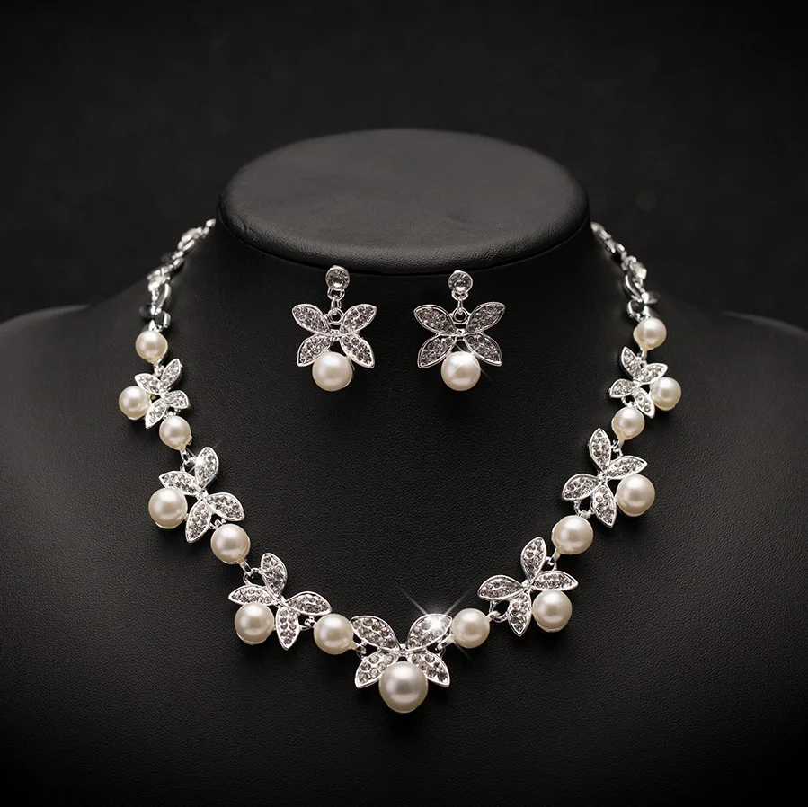 Женский Свадебный комплект из колье серёг и с жемчугом|bridal wedding jewelry|bridal jewelry