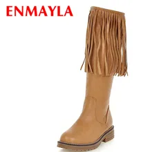 ENMAYLA Новая модель зимних сапог на широком каблуке для женщин модные сапоги до середины голени с закругленным носком на резиновой подошве дамские сапоги без застежки размеры 34–43