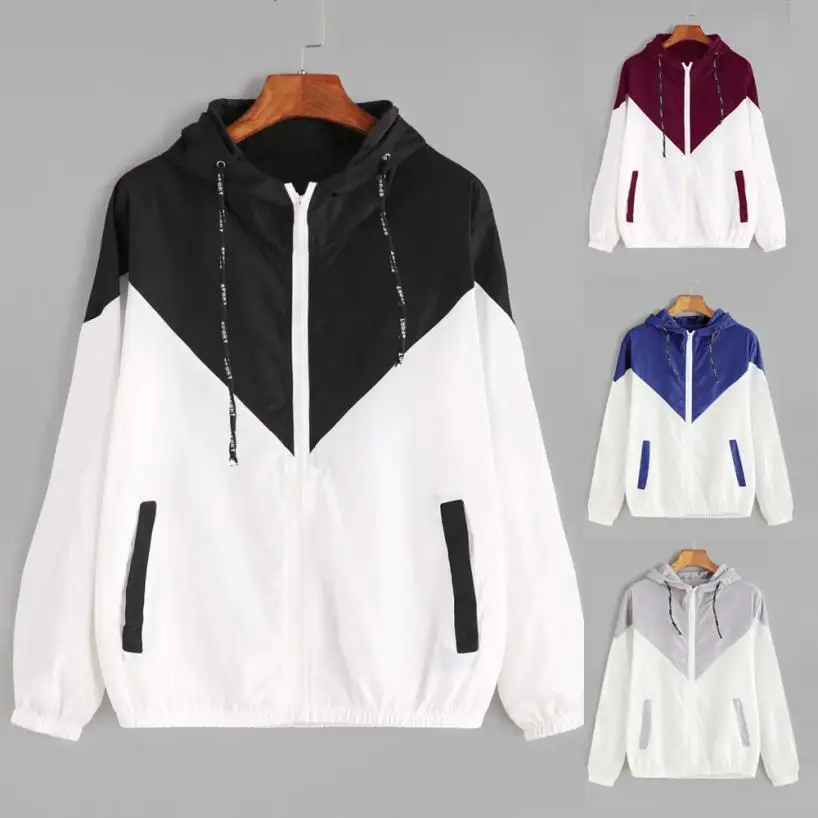 

Jackets Women Long Sleeve Jacket women clothing coat Patchwork Thin Skinsuits Hooded Zipper With Pockets Coat veste femme