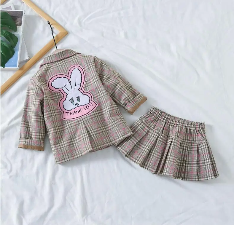 Г. Осенний Модный комплект одежды для маленьких девочек из 2 предметов, куртка с рисунком кролика+ юбка детский клетчатый костюм, блейзер Детская одежда Одежда для девочек - Цвет: jacket and skirt