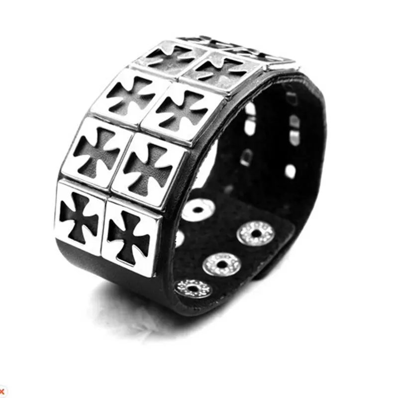 

2019 New Fashion Punk Design Cross Metal Leather Dance Bangle Black Leather Bracelets For Women Men Adjustable Three Buckle