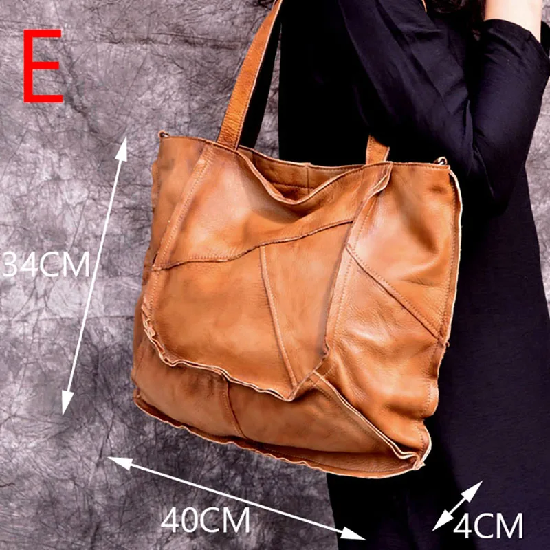 Light Brown EUMOAN Сумки из натуральной кожи женские первый слой кожи Цвет Ретро нерегулярные лоскутные сумки Простые повседневные большие сумки на плечо - Цвет: Light Brown