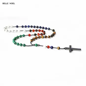 

Nature Stone Chain Hemitate Cross Pendant Necklaces 10 Ave Maria Prayer Rosary Necklace