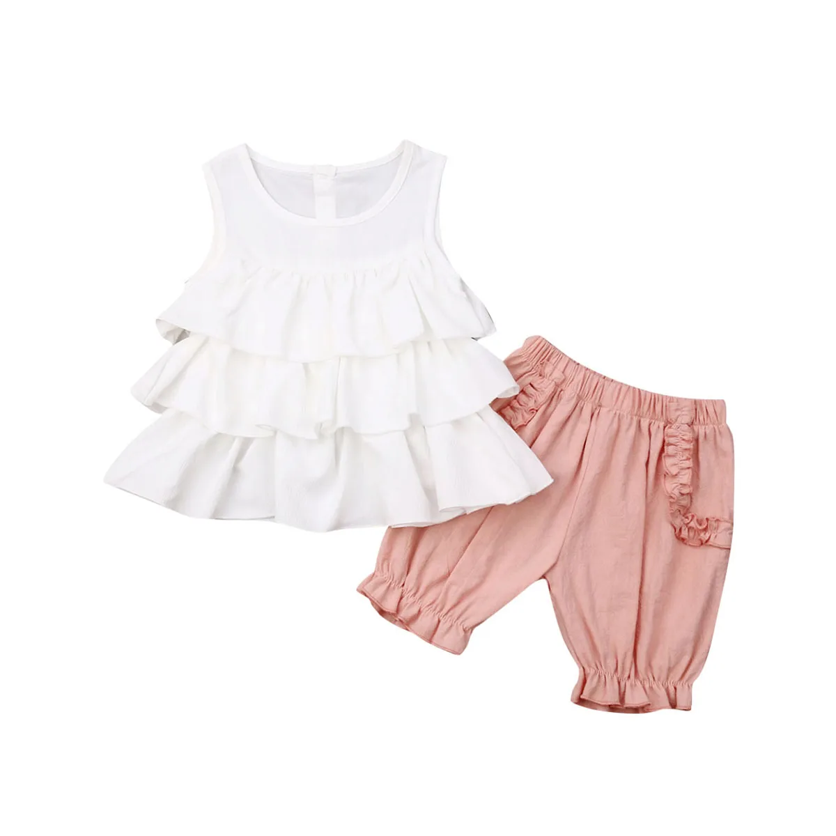 

Lovely Infant Kids Baby Girl Sleeveless Layered White Vest Tops Loose Shorts Pant Bottom 2PCS Summer Clothes Set