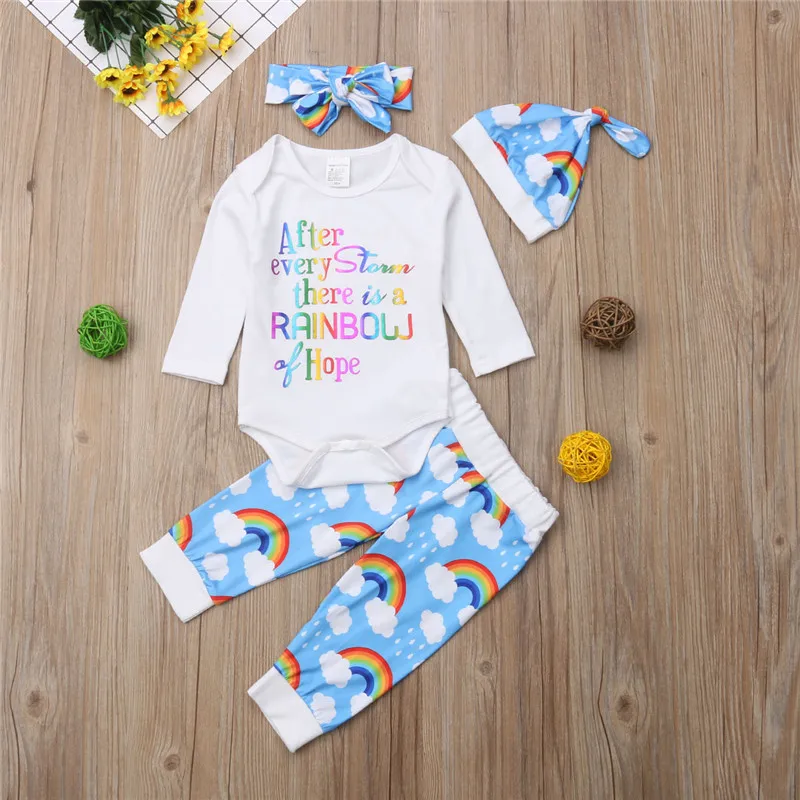 

4Pcs Newborn Toddler Infant Baby Boy Girl Rainbow Romper+Pants+Hat+Headband Outfit Set Cotton Playsuit Summer Clothes 0-24M