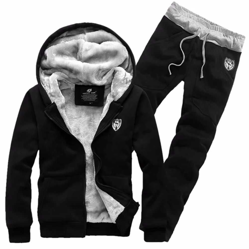 

Brand Fashion Thick Velvet sporting suit men warm hooded tracksuit track Hoodie sweat suits set zipper black Sweatshirts