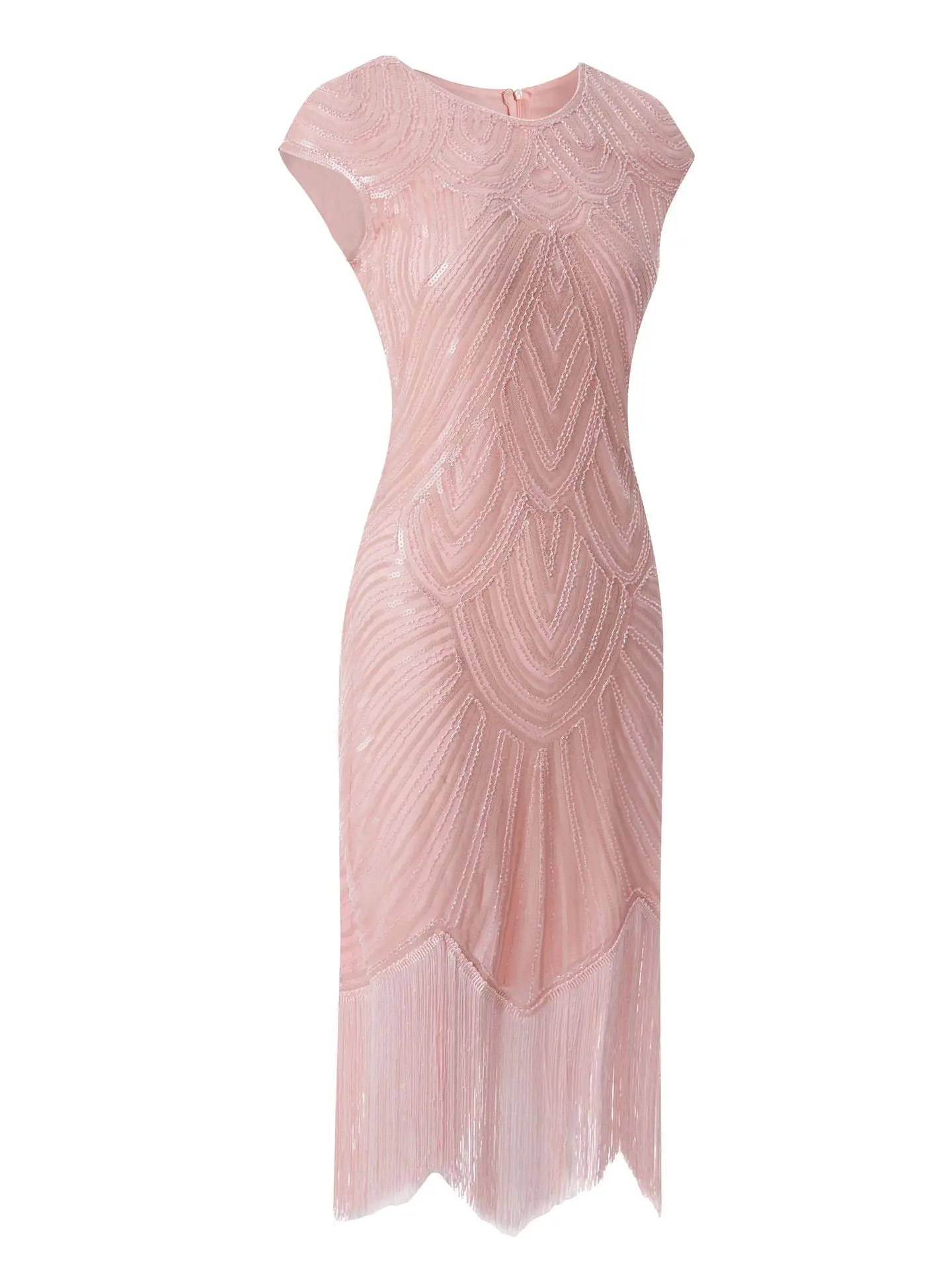 Женское винтажное платье с оборками 1920 s, с круглым вырезом, с рукавом-крылышком и блестками, с бахромой, платье миди, Vestidos, летние вечерние платья, элегантные - Цвет: Розовый