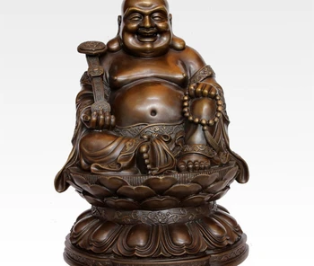 

15" China Bronze Happy Maitreya Buddha Hand Hold Bead Ruyi Statue