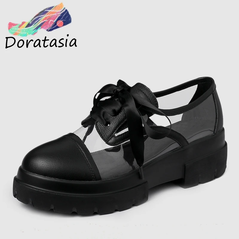 

DORATASIA 2019 New Spring Summer Thick Bottom girl's Flat Platform Shoes Woman Genuine Cow Leather Casual Soft Transparent Flats