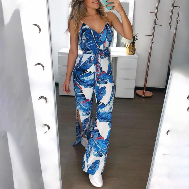 

Women Sexy Sling Jumpsuit Print V-neck Split Wide-legged Party Slim Beach Holiday Romper Ladies Overall Boho Jumpsuit