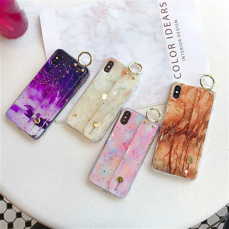 

Vintage Marble Gold Foil Wrist Strap Phone Case For iphone XS MAX Case X XR 6 6s 7 8 Plus Glitter Granite Holder Soft TPU Cover