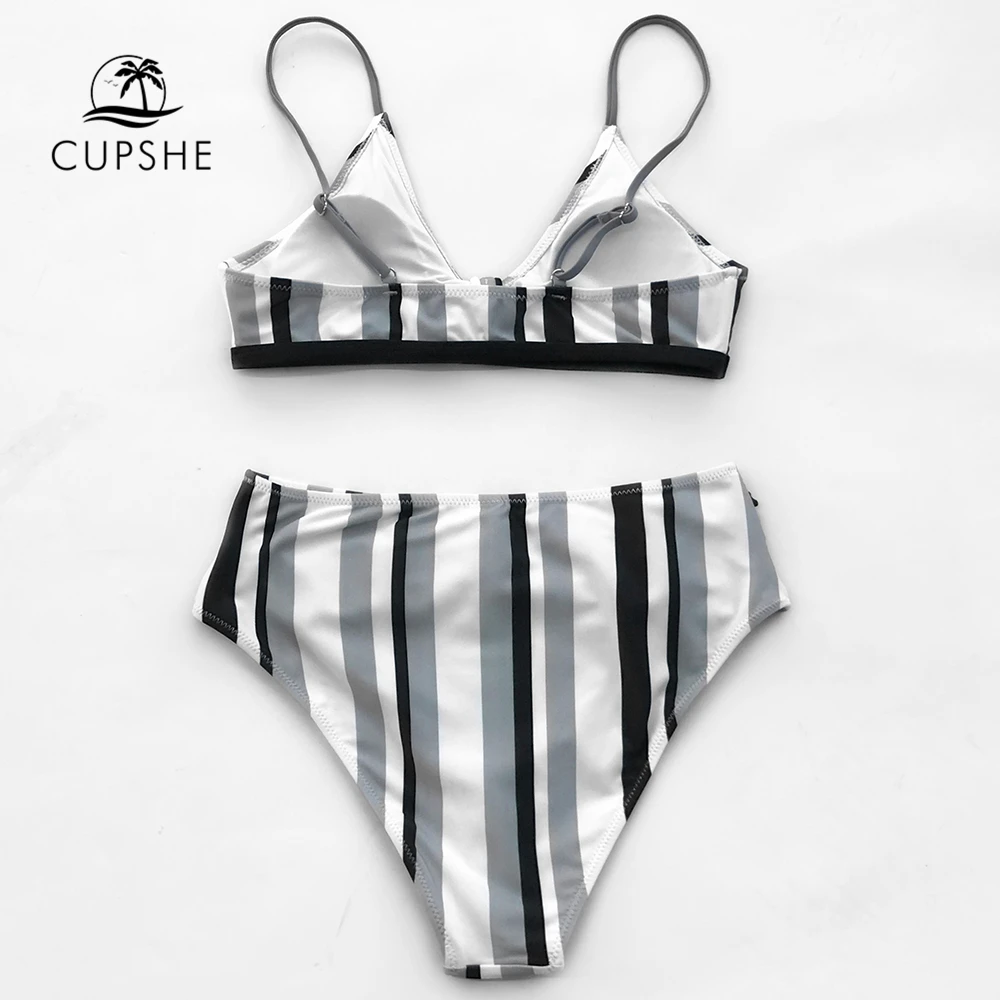 Günstig CUPSHE Tricolor Gestreiften Bikini Set Frauen Bowknot Hohe Taille Dreieck Bh Zwei Stücke Badeanzug 2020 Mädchen Strand Badeanzug
