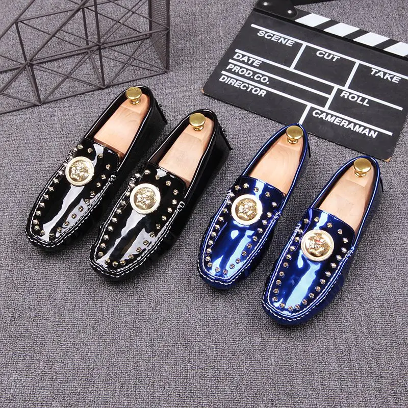 

Fashion Patent Leather Man Casual Driving Shoes Camisa Social Masculina Embellished Runway Men Fashion Loafers Flats Mujers