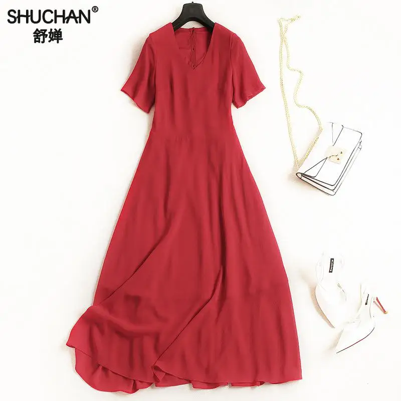 Shuchan Red Retro Dress Classic Elegante Kleider Damen 2018 Mid-calf V-neck Middle-aged Women New Items Of Women's Clothes 2689