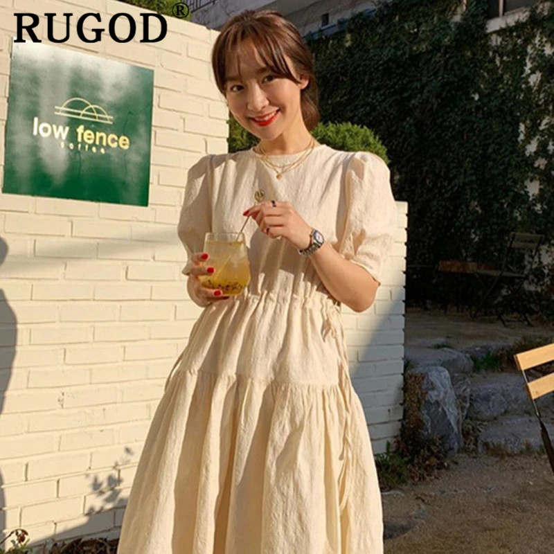 

RUGOD High waist solid elegant women dress short sleeves pleated summer dress casual charming korean style vestido sukienki