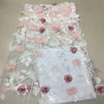 

3D Flowers In Pink French Lace Fabric 2018 High Quality Lace African Lace Fabric With Beads Lace Fabrics For Wedding HJ641-1