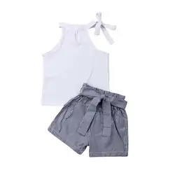 НОВЫЕ комплекты из 2 предметов для маленьких девочек жилет без рукавов белые топы с круглым вырезом и бантом, полосатые летние шорты штаны