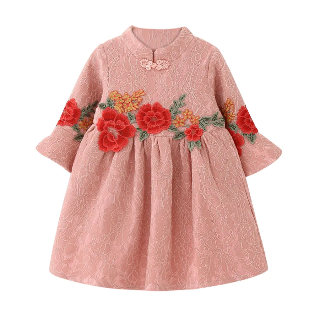 

#K02893 Girls Dress 2018 New Summer Chinese Ethnic Style Flowers Embroidery Dress For Baby Girls Mandarin Collar Cotton Dress